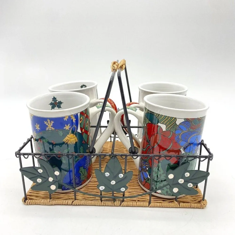 VTG 90s Christmas Porcelain Mug Set of 4 Metal Wicker Caddy‎ Holiday Festive Y2K